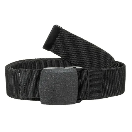 Crni elastični taktički kaiš MFH Tactical Elastic sa crnom plastičnom preklopnom kopčom, složen u krug, sa vidljivim tkanjem trake i plastičnim završetkom na kraju kaiša