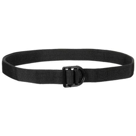 Crni taktički kaiš MFH Tactical širine 40 mm sa crnom metalnom kopčom u obliku slova D, prikazan zakopčan u obliku kruga, sa vidljivim tkanjem trake