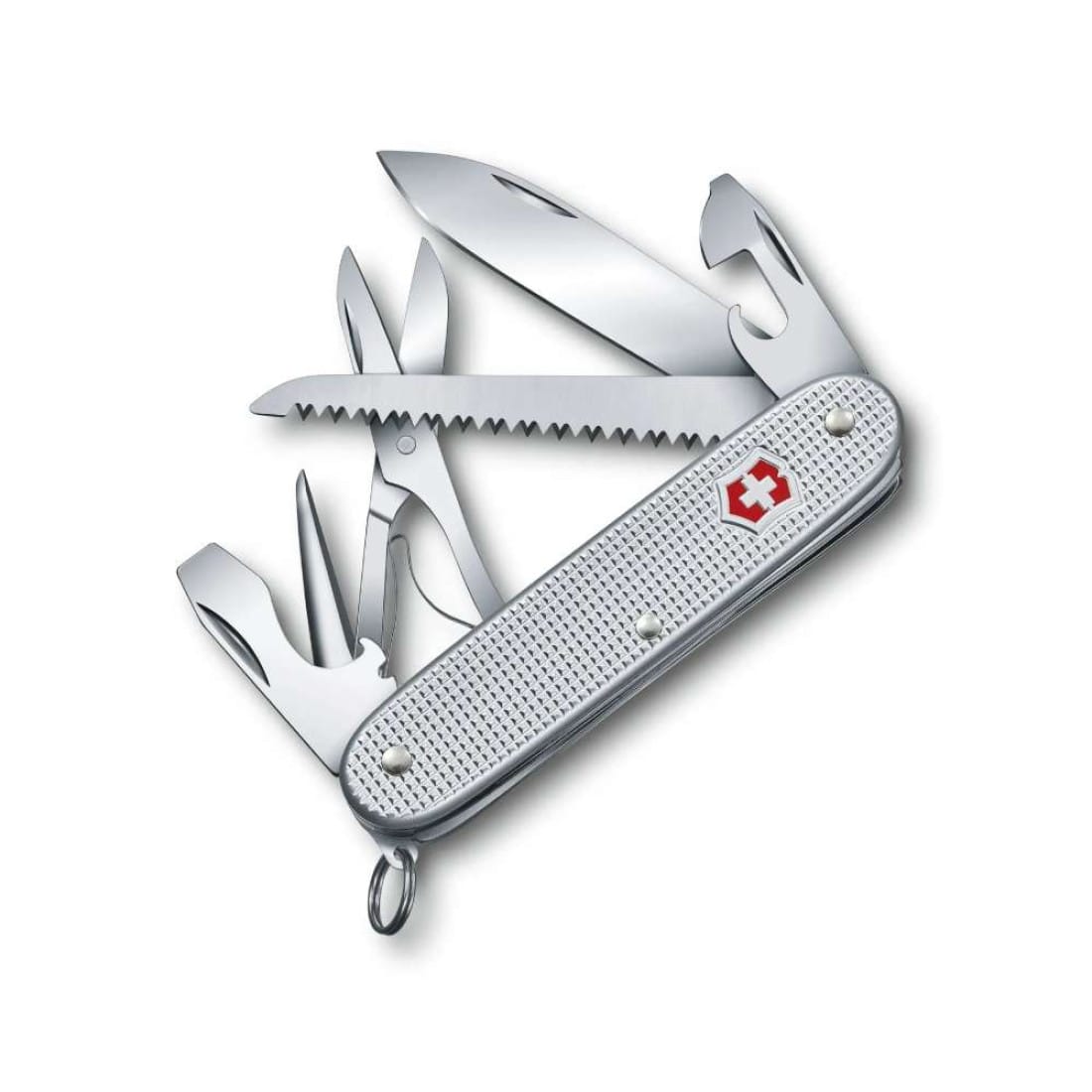 Victorinox Farmer X Alox džepni nož sa sivim rebrastim aluminijumskim koricama i crvenim Victorinox grbom, sa otvorenim sečivom, testerom za drvo, makazama, šilom i otvaračima