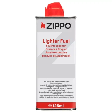 Zippo benzin za upaljače 125ml, srebrno-bela metalna limenka sa crvenim sigurnosnim zatvaračem, crvenim Zippo logom i natpisom Lighter Fuel